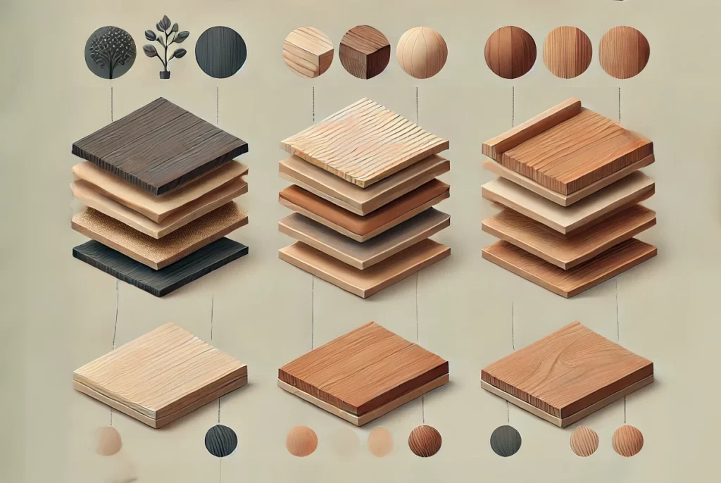 Illustration montrant les couches de différents matériaux : mélaminé, medium (poussière de bois), placage bois, et bois massif, utilisés dans l'aménagement intérieur.