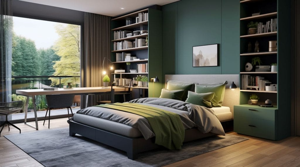Aménagement d'une chambre moderne avec étagères intégrées, bureau et lit confortable.