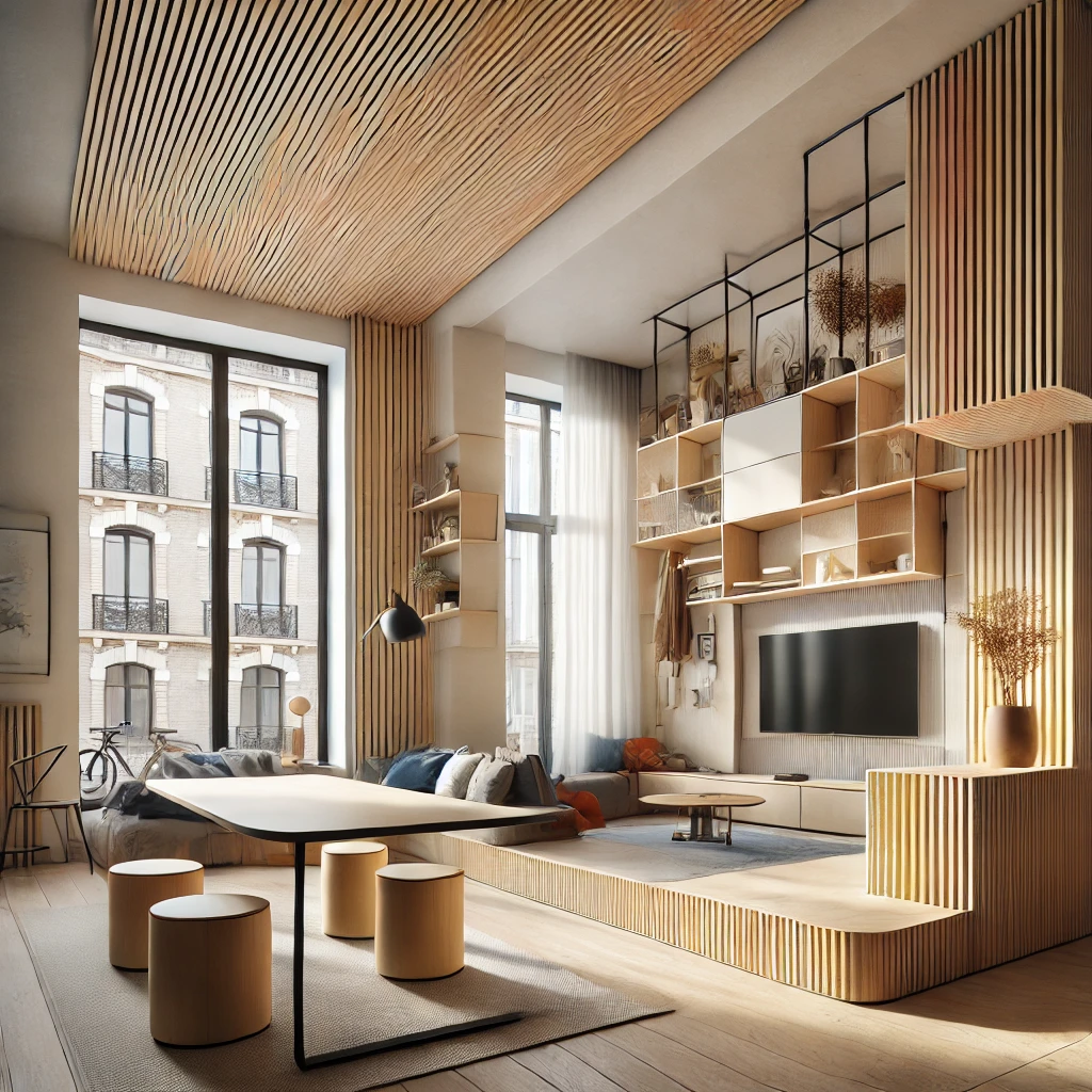 Aménagement intérieur minimaliste avec éléments en bois naturel, meubles multifonctionnels et accents de couleur à Toulouse.