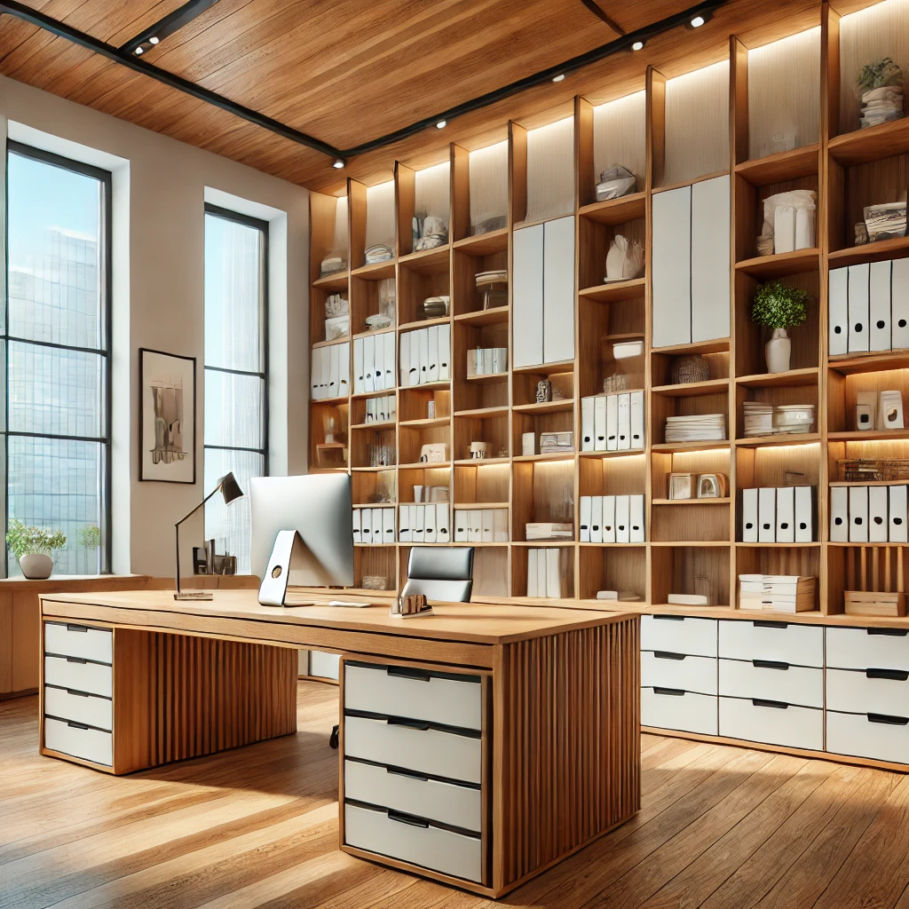 Aménagement moderne de bureau avec un grand bureau en bois, tiroirs intégrés et étagères flottantes.