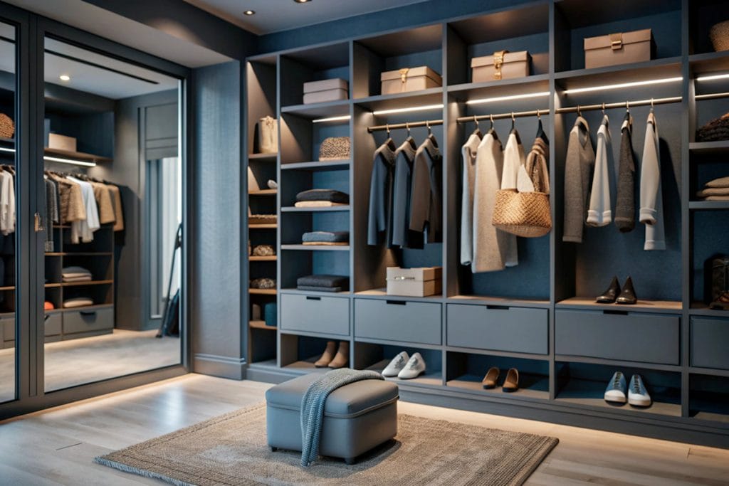 Dressing room avec chaussures, sacs et vêtements rangés dans une penderie intégrée.