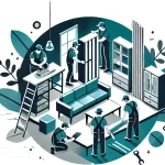 Artisan travaillant sur la fabrication sur mesure de meubles pour un projet d'aménagement intérieur, avec des outils et des matériaux en atelier.