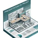Présentation visuelle d'un projet d'aménagement intérieur avec un plan 3D détaillé, montrant l'agencement proposé et les choix de design.