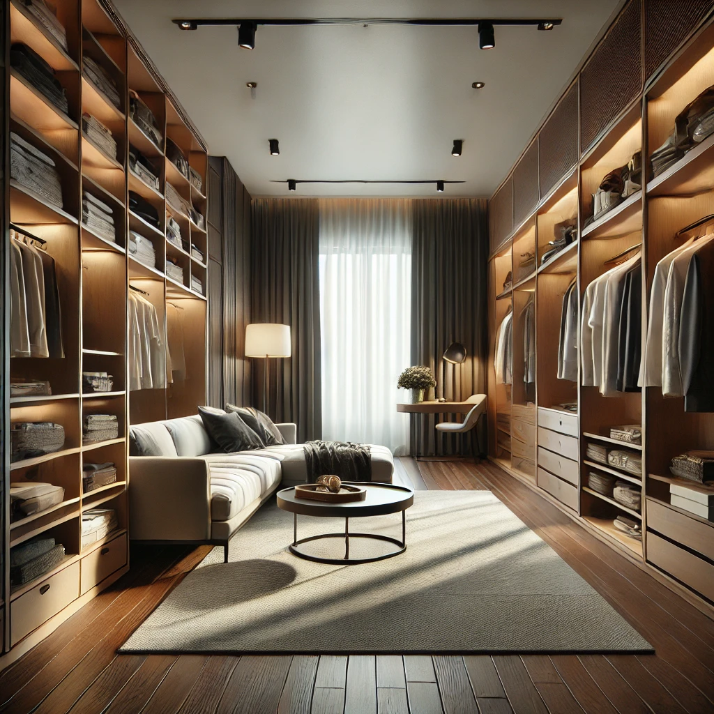 Espace de vie lumineux et bien organisé avec des rangements sur mesure intégrant étagères, tiroirs et penderies.