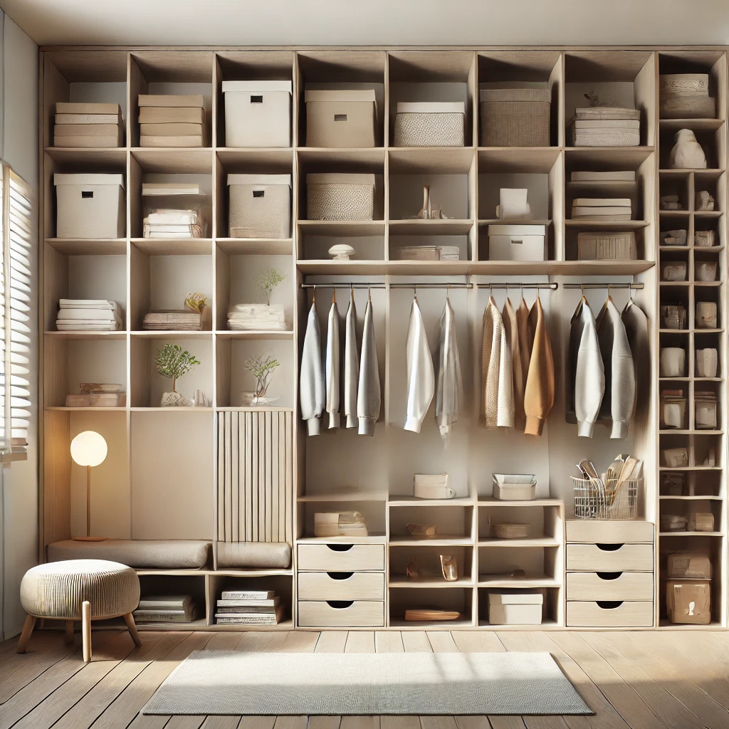 Pièce bien organisée avec étagères, tiroirs et penderie sur mesure, optimisant l'espace pour un rangement efficace et minimaliste.