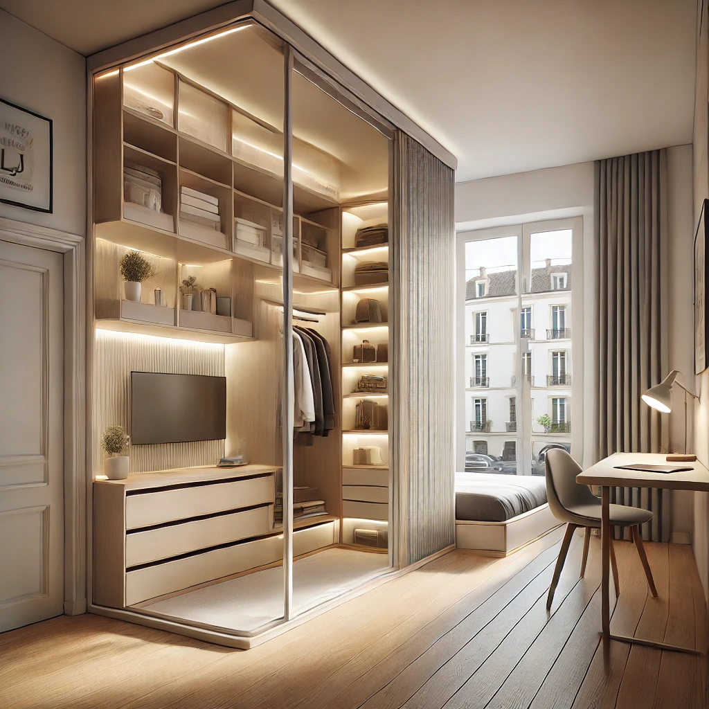 Aménagement sur mesure avec placards coulissants et étagères intégrées dans un petit appartement à Toulouse.